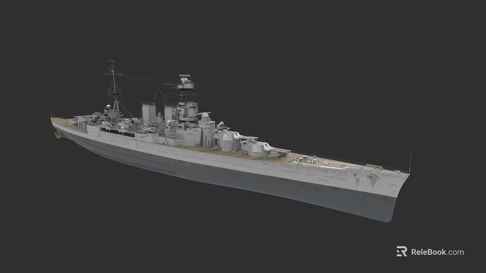 Detailed 3D Model of Warship with Turrets Upper Structure and Naval Equipment 3d model 
