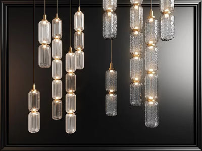 Elegant Modern Textured Glass Pendant Lights With Multiple Hanging Illuminated Tubes And Brass Accents 3d model