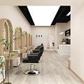 Modern Beauty Hair Salon Interior With Black Leather Chairs Marble Counter And Hanging Lights