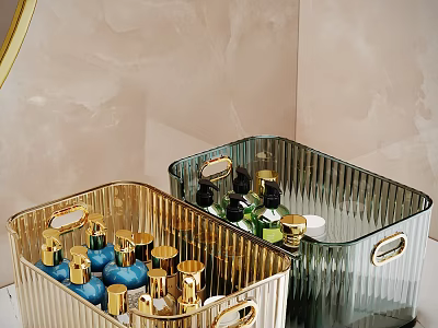 Gold And Green Striped Decorative Storage Boxes With Metal Handles And Perfume Bottles 3d model