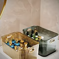Gold And Green Striped Decorative Storage Boxes With Metal Handles And Perfume Bottles