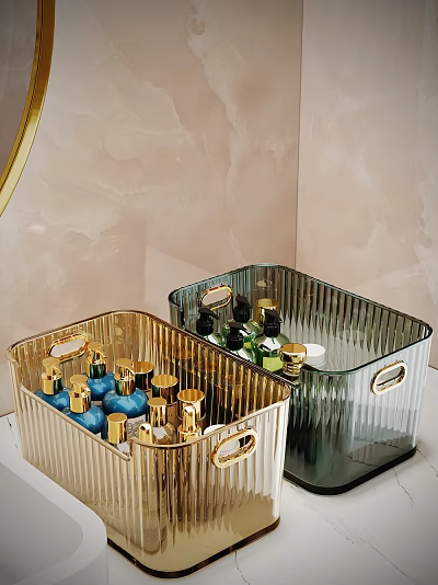 Gold And Green Striped Decorative Storage Boxes With Metal Handles And Perfume Bottles 3d model