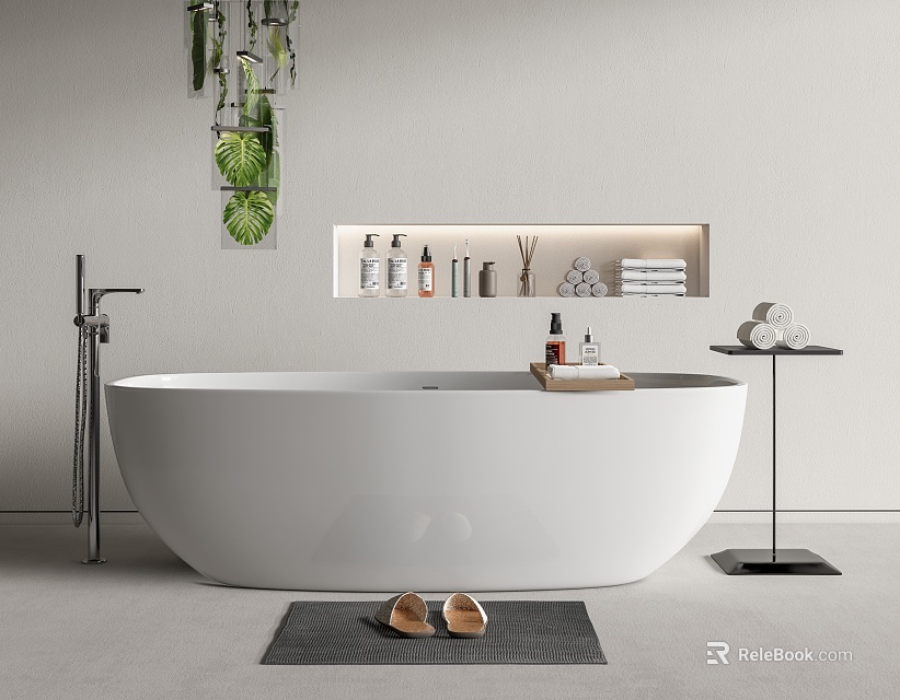 White Freestanding Bathtub With Hanging Green Plants Wall Shelf Toiletries Grey Mat And Brown Slippers 3d model 