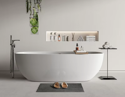 White Freestanding Bathtub With Hanging Green Plants Wall Shelf Toiletries Grey Mat And Brown Slippers 3d model