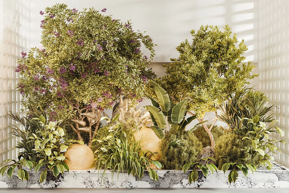 Vibrant Indoor Landscape Featuring Lush Greenery Purple Flowering Plants And Natural Decor 3d model 