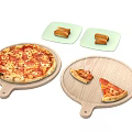 Delicious Fresh Pizza on Wooden Tray with Slices and Green Plates of Bread Rolls