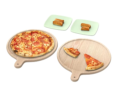 Delicious Fresh Pizza on Wooden Tray with Slices and Green Plates of Bread Rolls 3d model