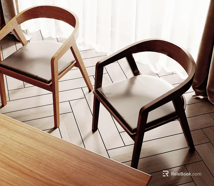 Elegant Leisure Chairs With Wooden Frame And Leather Seat In Indoor Space With Wooden Floor 3d model 