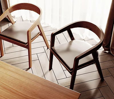 Elegant Leisure Chairs With Wooden Frame And Leather Seat In Indoor Space With Wooden Floor 3d model