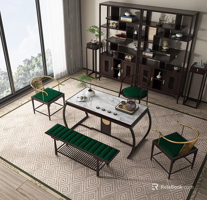Tea Table and Chairs with Green Cushions White Tabletop Dark Shelf on Patterned Rug 3d model
