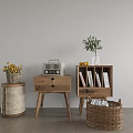Wooden Entryway Cabinet And Side Cabinet With Woven Basket Radio Plant Books And Fruits