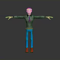 3D Cartoon Character Standing With Arms Outstretched Gray Sweater Red Tie Blue Pants Red Shoes