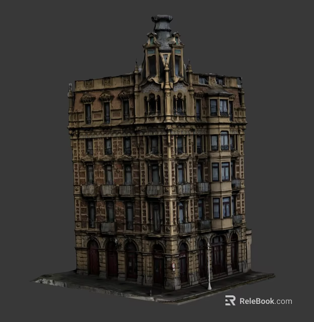 Cartoon Scene of Vintage Multistory Building With Windows Balconies And Decorative Details 3d model 