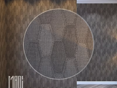 Modern Round Textured Carpet With Hexagonal Pattern And Geometric Wall Design 3d model