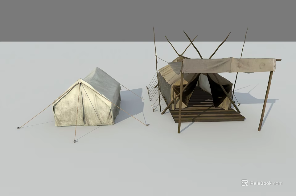 Traditional Canvas Tent Structures With Wooden Frames Support Poles And Steps 3d model