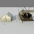 Traditional Canvas Tent Structures With Wooden Frames Support Poles And Steps 3d model