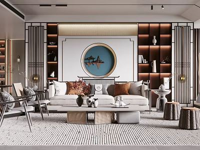 Chinese Style Living Room Featuring Circular Decorative Painting Wooden Shelves And Light Sofa 3d model
