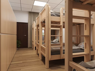 Wooden Bunk Beds Dormitory Room Interior With Wooden Floor Walls Window Curtains And Potted Plant 3d model