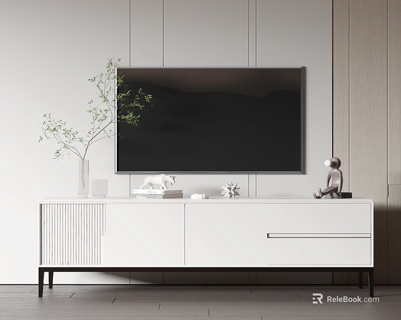 Modern White TV Stand With Drawers Green Plant And Decorative Items On Top 3d model 