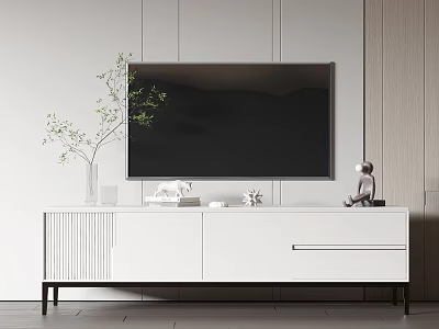 Modern White TV Stand With Drawers Green Plant And Decorative Items On Top 3d model