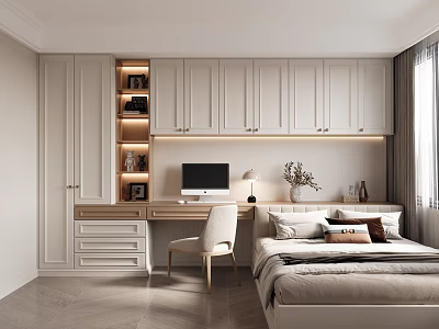 Minimalist Tatami Bedroom Interior Design With Light Colored Cabinets Desk Computer And Bookshelf 3d model