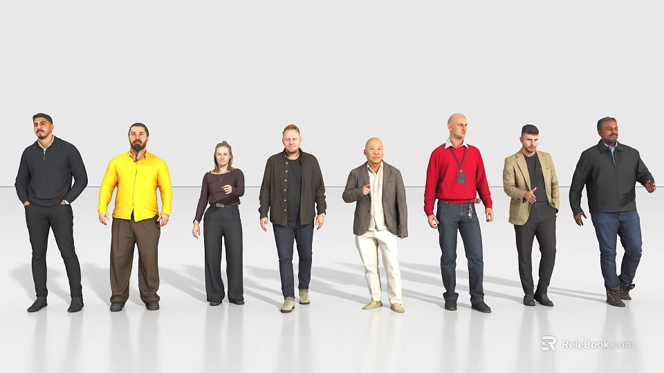 Group of Diverse People Standing in Various Outfits Against White Background 3d model 