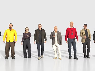Group of Diverse People Standing in Various Outfits Against White Background 3d model