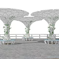 Modern Garden Landscape with White Tree like Lattice Structures Palm Trees and People Activities