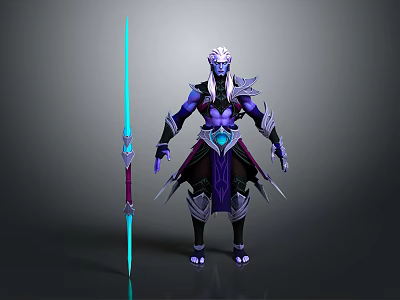 Fantasy Character Design With White Long Hair Purple Blue Ornamental Attire And Long Weapon 3d model