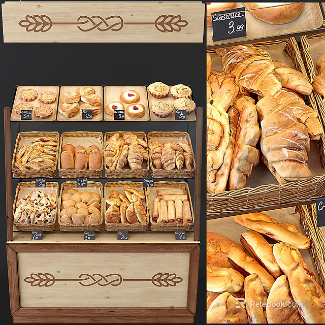 Wooden Bakery Display Shelves With Fresh Bread Pastries And Labeled Trays 3d model 