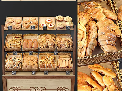 Wooden Bakery Display Shelves With Fresh Bread Pastries And Labeled Trays 3d model
