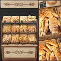 Wooden Bakery Display Shelves With Fresh Bread Pastries And Labeled Trays