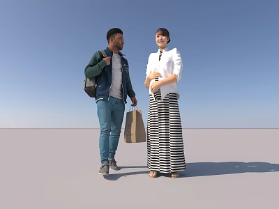 Two People Standing Together With Shopping Bags And Casual Outfits Under Blue Sky 3d model