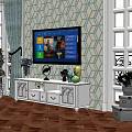 White Carved TV Stand With Drawers TV Decorations And Blue White Geometric Wallpaper By Windows
