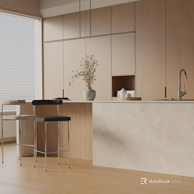 Modern Kitchen Dining Table Set With Beige Island Counter And Black Stools 3d model