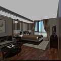 Hotel Room Interior Featuring Large Bed Sofa Coffee Table Curtains Wall Art And TV