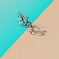 Red Bicycle With Brown Seat Metal Basket And Rear Rack On Blue Pink Gradient Background