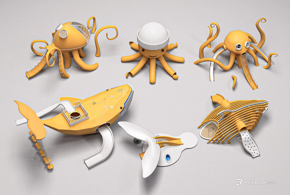 Ocean Themed Playground Equipment With Octopus And Whale Shaped Yellow White Fun Designs 3d model 