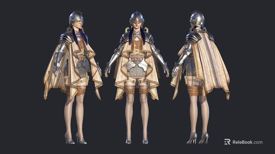 Woman In Warrior Armor With Golden Cloak Displayed In Three Angles Fantasy Character Design 3d model