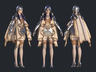 Woman In Warrior Armor With Golden Cloak Displayed In Three Angles Fantasy Character Design 3d model