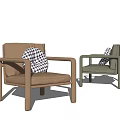 Modern Accent Chairs With Wooden Armrests Brown Gray Upholstered Seats And Checkered Pillows