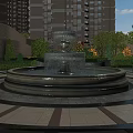 Garden Landscape Design Featuring Central Circular Fountain Surrounded By Green Plants Trees And Flowers