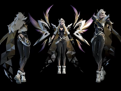 Game Character With Purple Gold Wings Black White Outfit And Multiple Angles 3d model