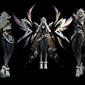 Game Character With Purple Gold Wings Black White Outfit And Multiple Angles