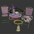 Outdoor Garden Furniture Set Pink Metal Chairs Table With Wheelbarrow Lavender Teacups And Birdbath