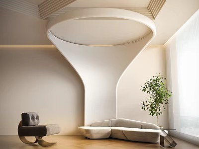 Modern Interior Space With Curved Wall Design Sofa Armchair And Green Plant 3d model