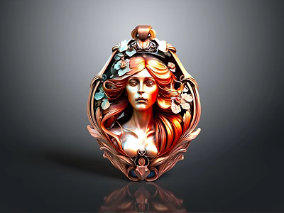 Decorative Bronze Tone Metal Pendant With Intricate Floral Design And Female Face Carving 3d model