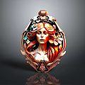 Decorative Bronze Tone Metal Pendant With Intricate Floral Design And Female Face Carving
