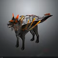 Fierce Wolf Shaped Creature With Red And Orange Flame Accents Spiked Back And Flame Tail