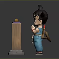 Kid Goku Character With Spiky Hair Blue Outfit Tail By Wooden Pillar Golden Orb